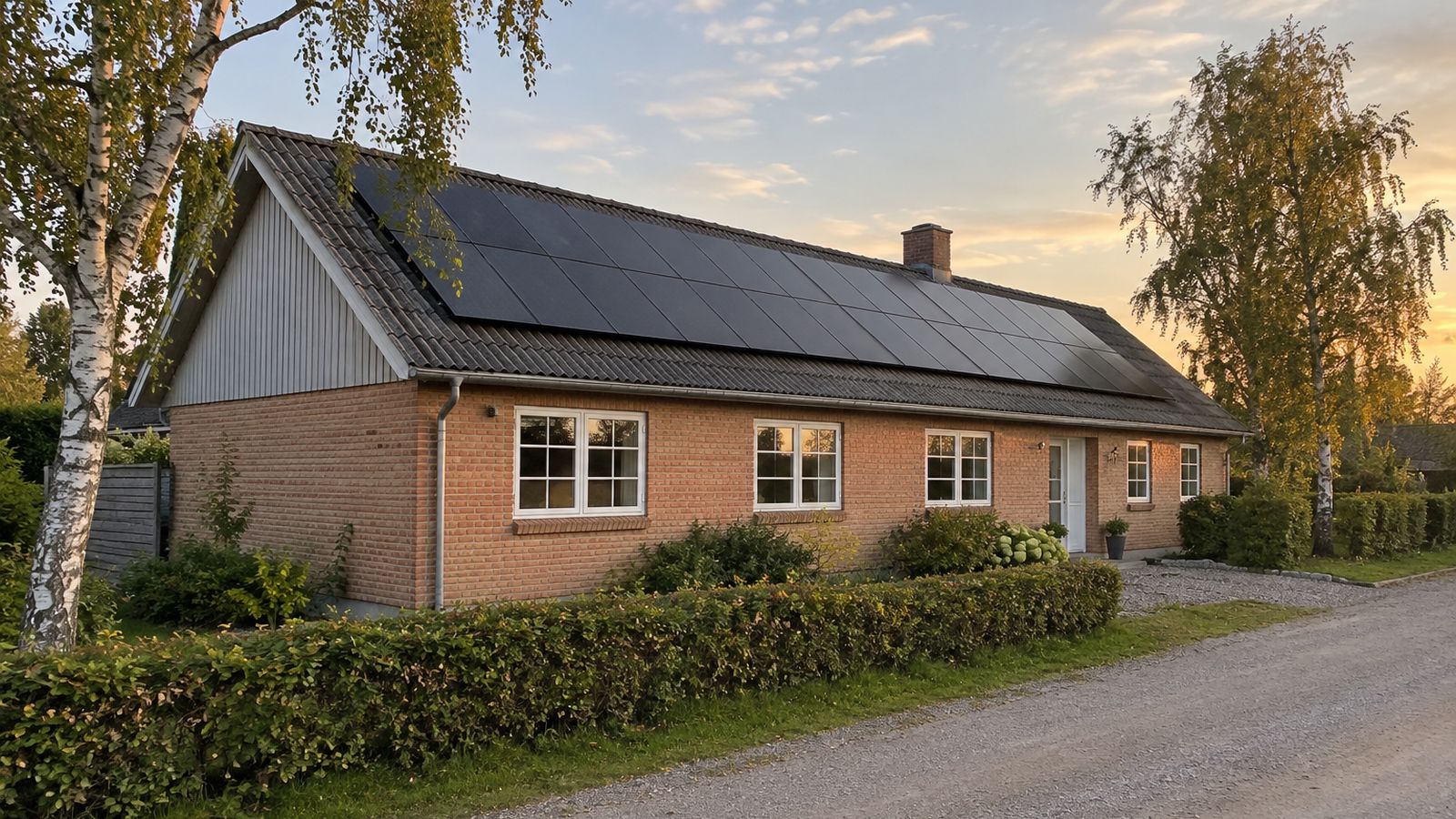 Parcelhus med solceller på sydvendt tag