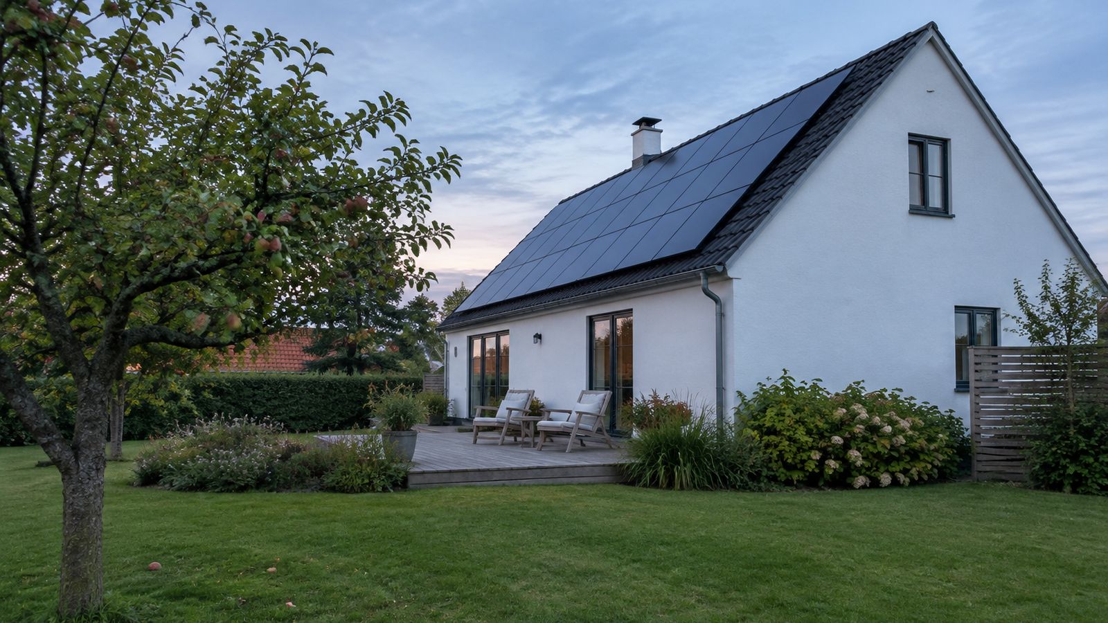 Solceller på taget af en dansk bolig i aftenlys